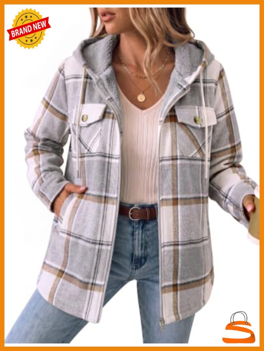 Womens Plaid Flannel Shacket Fleece Lined Hooded Zip Up Jacket